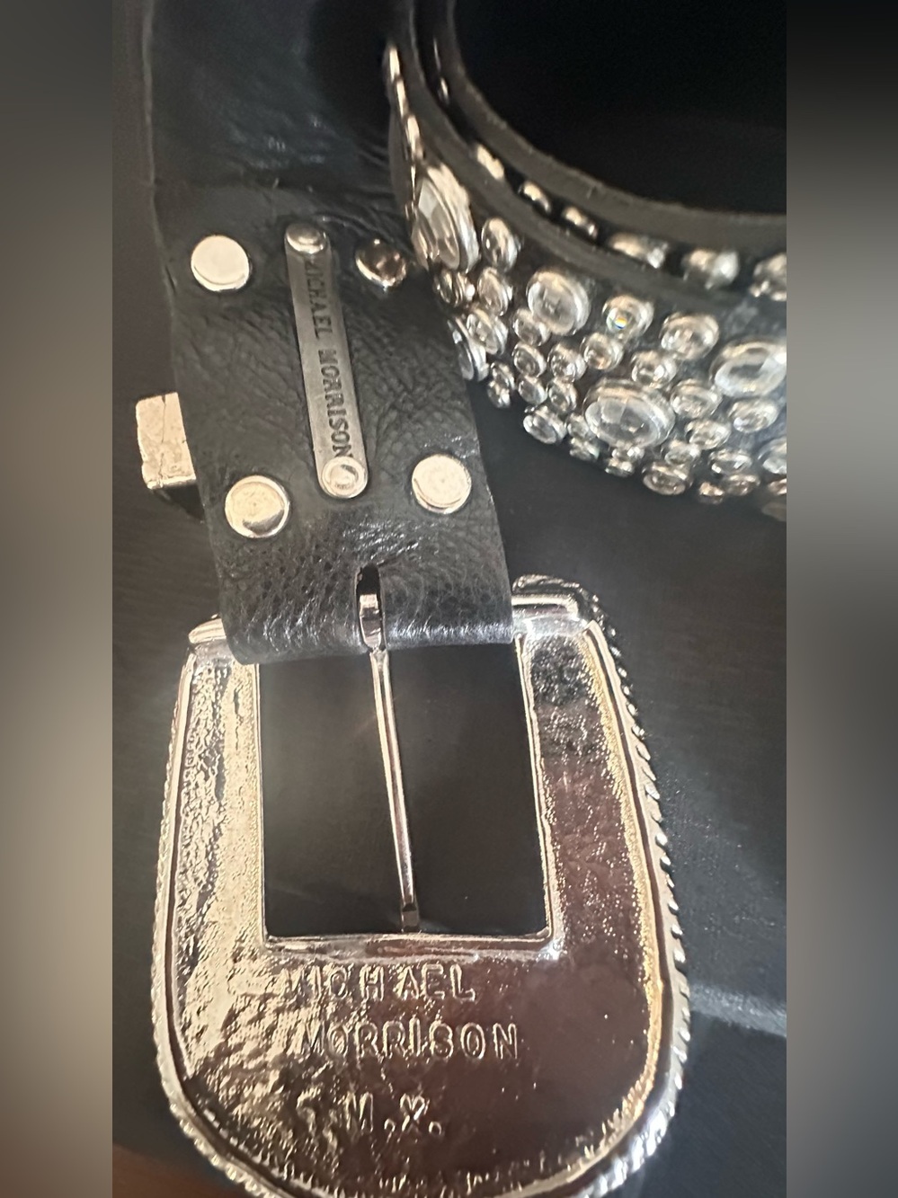 Michael Morrison Embellished Black Crystal Western Belt. Fits  29-34 waist - Picture 3 of 12